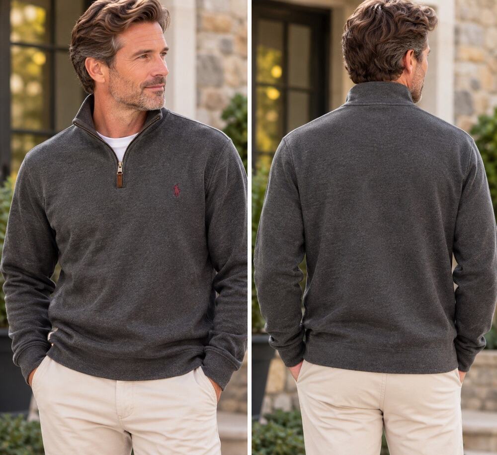 Polo Ralph Lauren Men’s L Gray 1/4 Zip Pullover Cotton Burgundy Pony Minimalist